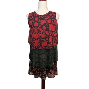 Desigual Layered Mesh Floral Dress Womens Medium Red Green Boho Artsy Whimsigoth